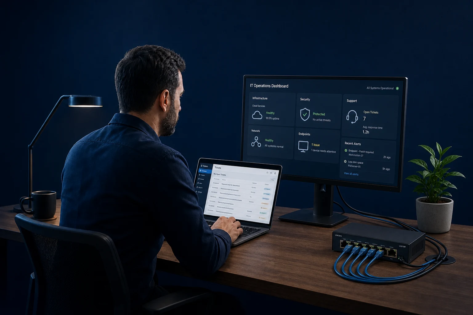 IT engineer working with connected network equipment and active support dashboards