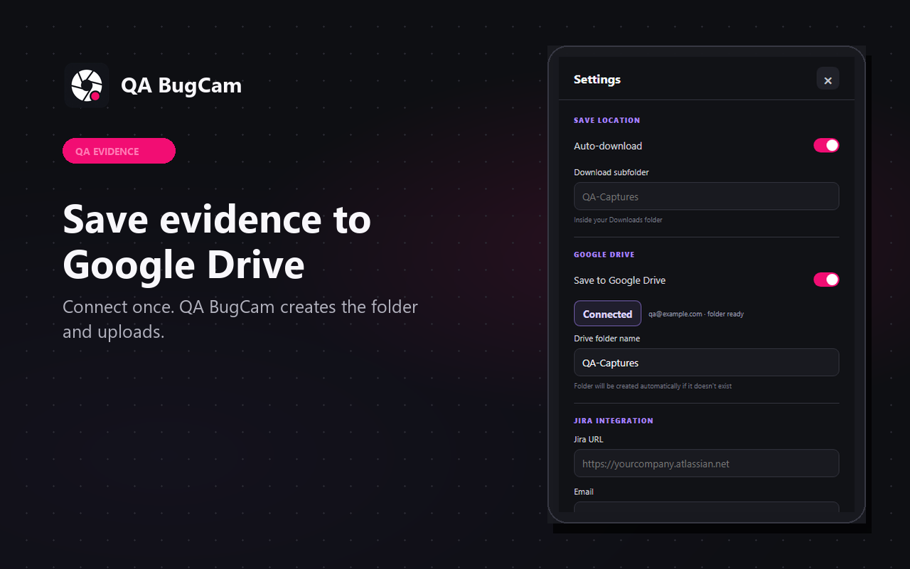 QA BugCam Google Drive settings