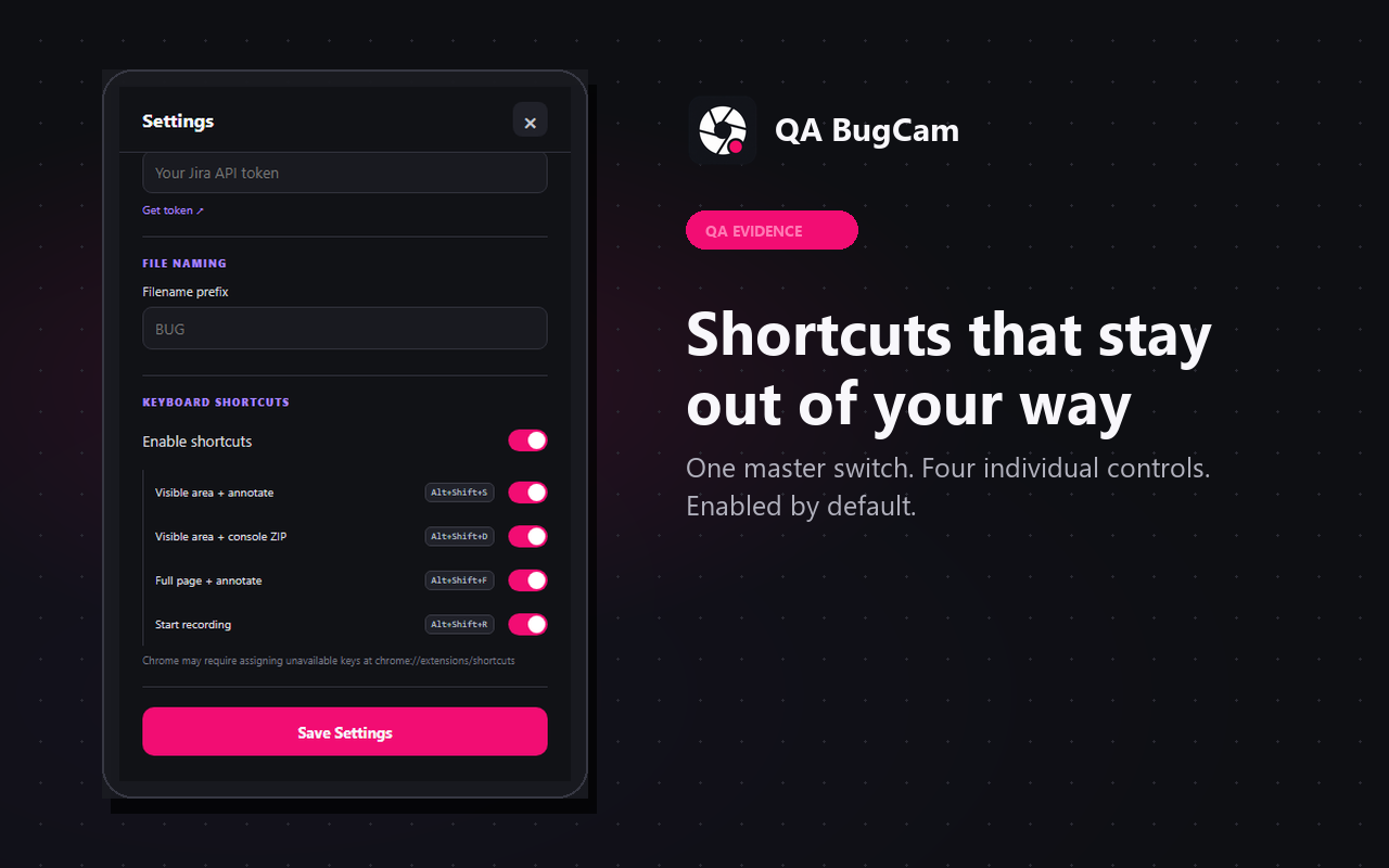 QA BugCam keyboard shortcut settings