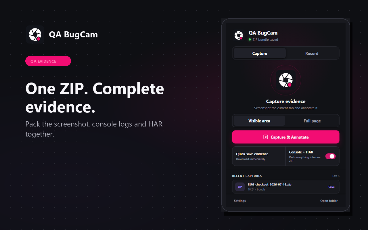 QA BugCam console and HAR ZIP bundle