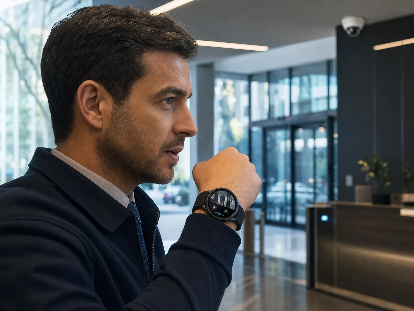 Facilities professional using two-way camera audio from an Android smartwatch