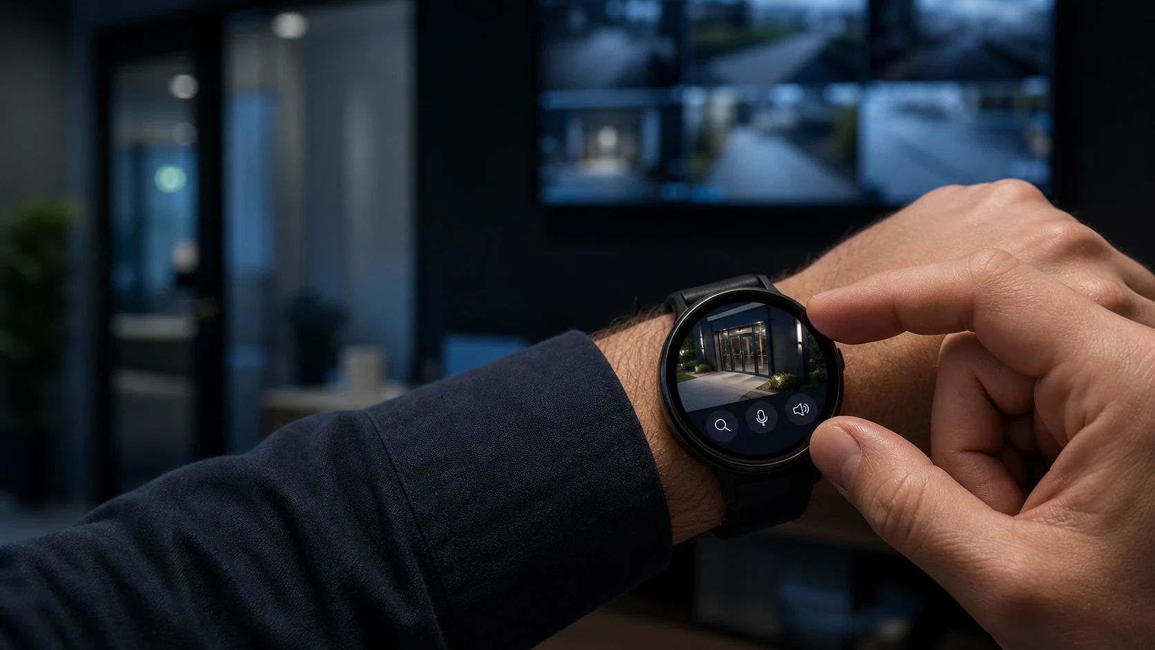 Android smartwatch showing an on-demand security camera snapshot
