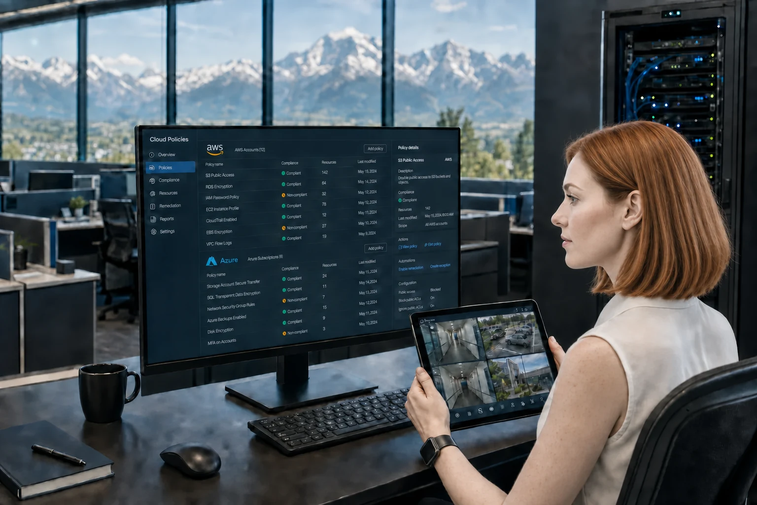 Cloud engineer reviewing AWS and Azure policies while holding a camera split-view tablet